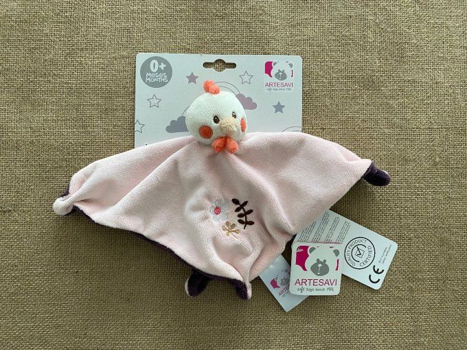 Doudou plat poule rose mauve fleur Artesavi - Article Neuf