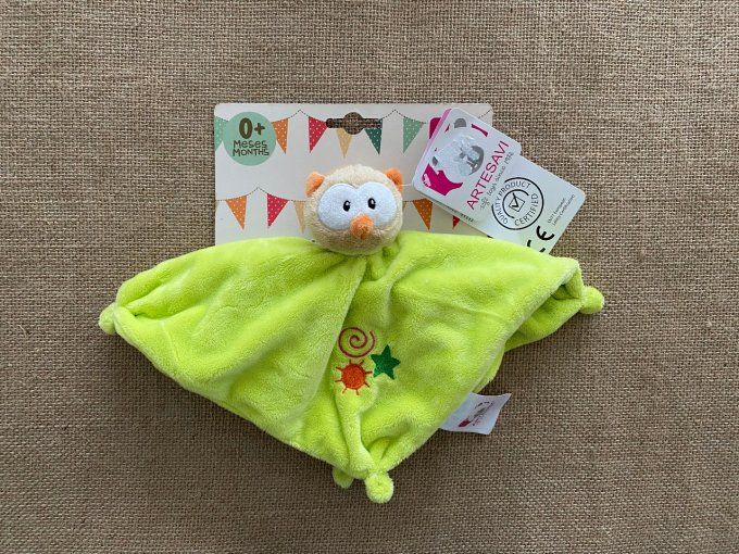 Doudou plat hibou chouette vert Artesavi - Article Neuf