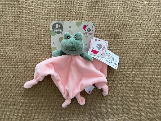 Doudou plat grenouille rose vert Artesavi - Article Neuf