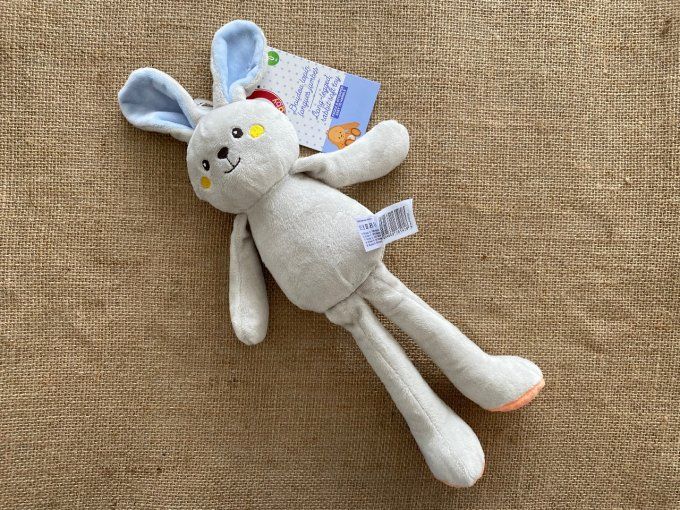 Peluche lapin longues jambes gris orange bleu Auchan - Article Neuf