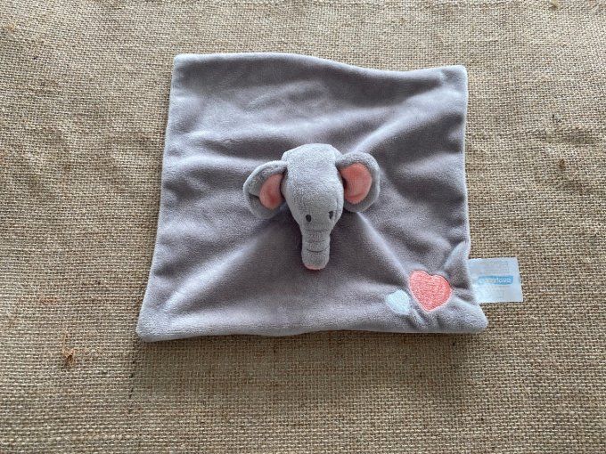 Doudou plat éléphant gris rayé rose blanc coeurs Babylove