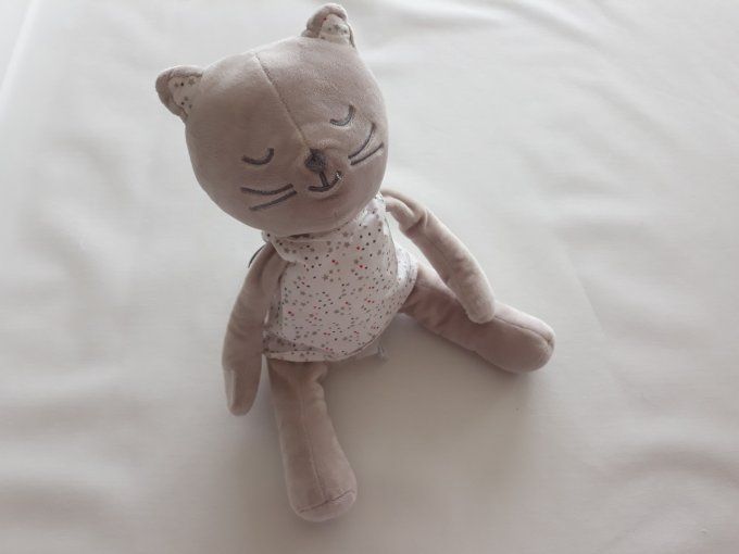 Doudou chat gris assis robe étoiles 28 cm Obaibi