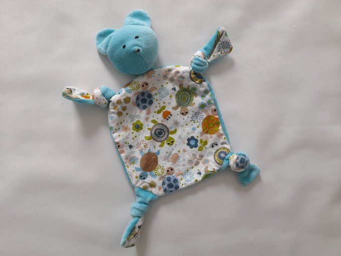 Doudou plat souris bleu turquoise, tortues, fleurs d'occasion