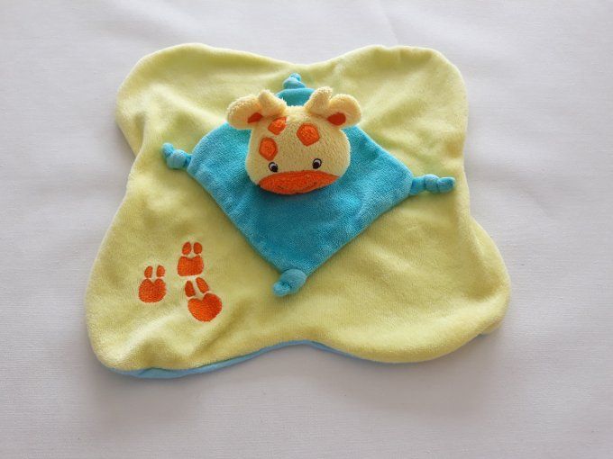 Doudou plat vache bleu turquoise et jaune Bengy d'occasion