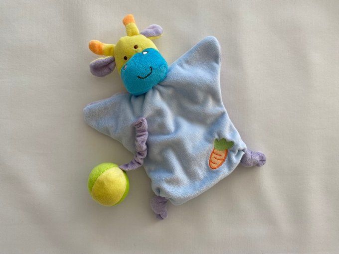 Doudou marionnette girafe vache bleu mauve carotte balle Gifi d'occasion