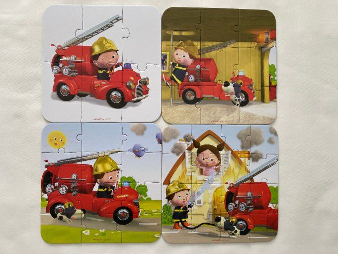 4 puzzles carton pompier Léon dans valisette Janod d'occasion