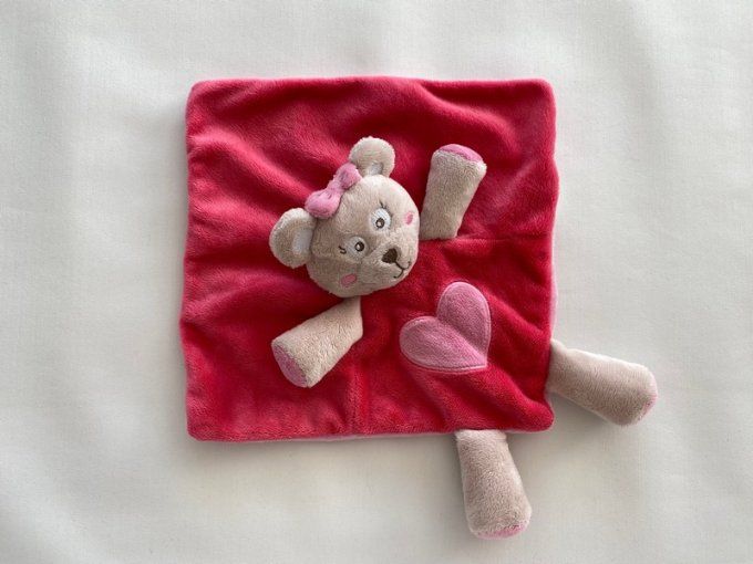 Doudou plat ours rose fuchsia coeur Kimbaloo d'occasion