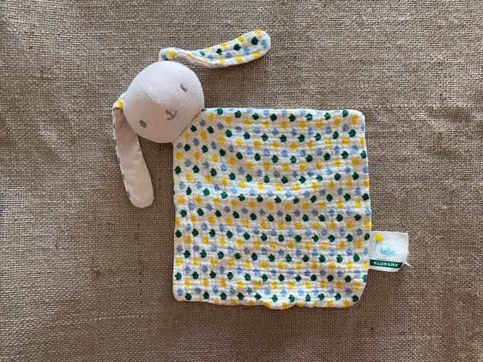 Doudou plat lapin écru fleurs vert bleu jaune Klorane d'occasion