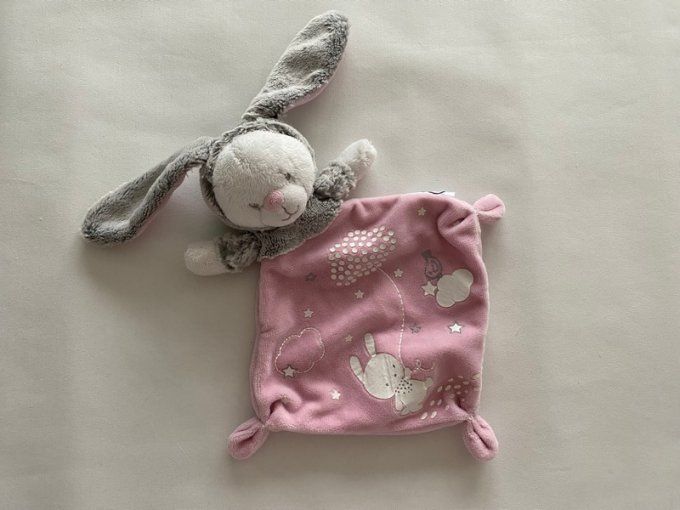 Doudou plat ours déguisé en lapin rose blanc et gris Mots d'enfants