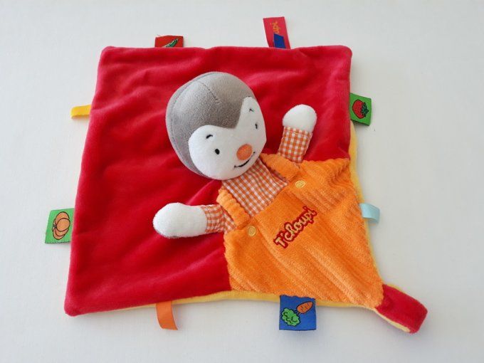 Doudou plat Tchoupi rouge orange attache tétine Nicotoy d'occasion