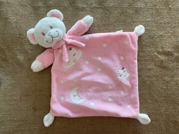 Doudou plat ours rose étoiles nuage lune Nicotoy d'occasion