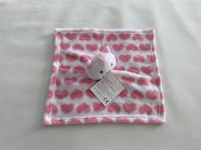 Doudou plat hibou chouette blanc cœurs roses NINGBO HONG LING - Article Neuf