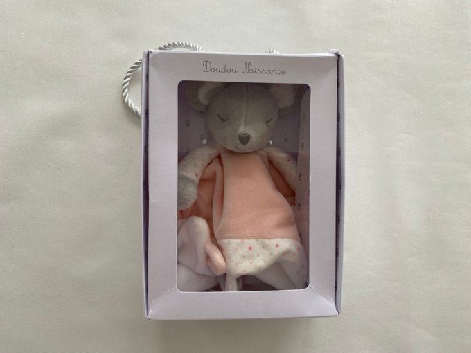 Doudou plat souris rose blanche pois Obaibi - Article Neuf