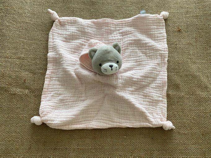 Doudou plat chat rose capuche Obaibi d'occasion 