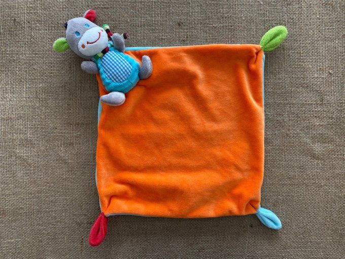 Doudou plat vache girafe orange bleu Ouatoo Baby