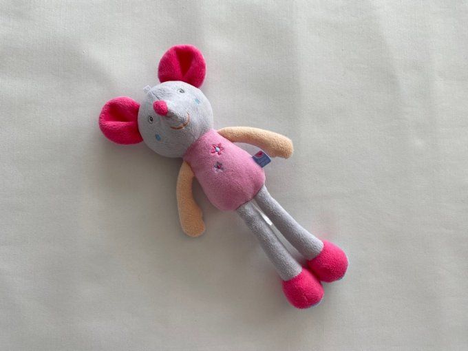 Doudou souris rose gris fleurs Sucre d'orge