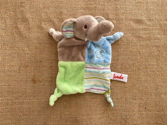 Doudou plat éléphant gris/taupe vert bleu d'occasion