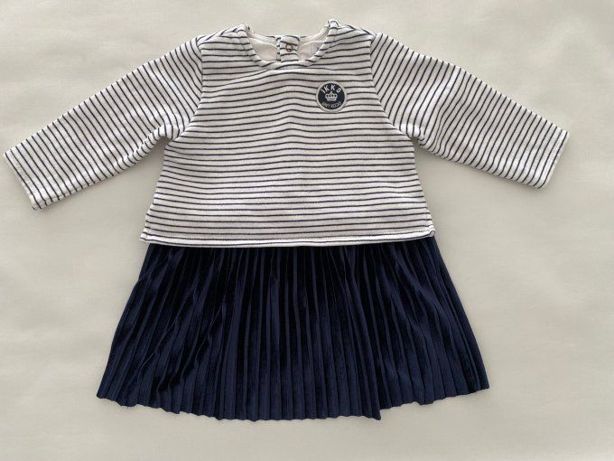Robe haut rayé bleu blanc jupe plissée bleu marine IKKS 18 mois d'occasion