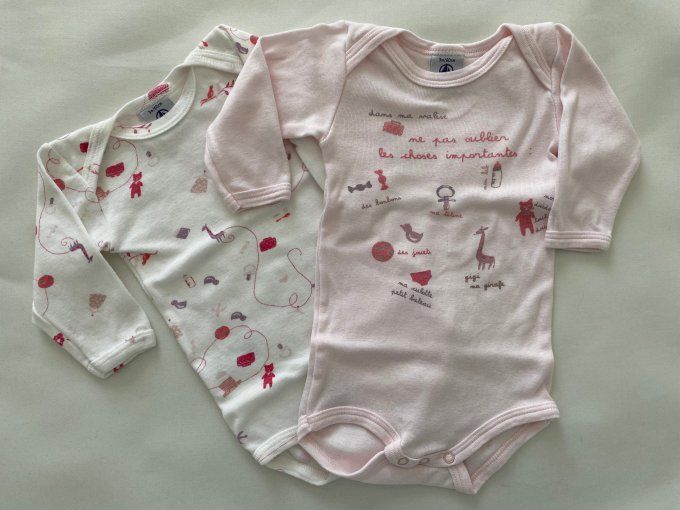 Lot 2 bodies manches longues rose et blanc Petit Bateau 3 mois d'occasion
