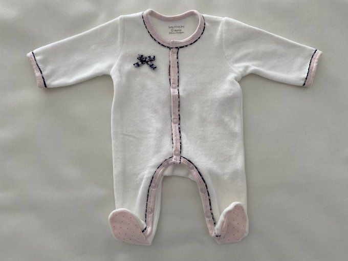 Pyjama blanc Sauthon velours bordure rose et bleu marine noeud fleur 0 mois d'occasion